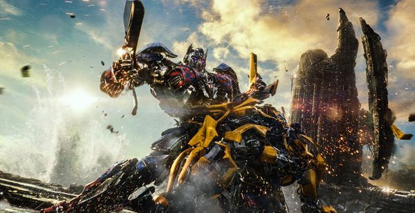 Left to right: Optimus Prime and Bumblebee in TRANSFORMERS: THE LAST KNIGHT, from Paramount Pictures.