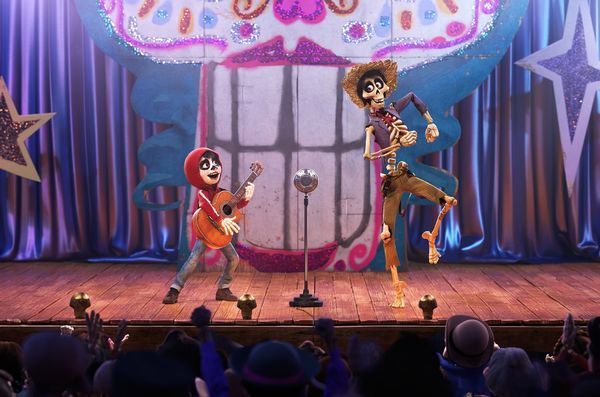 COCO (Pictured) - UN POCO LOCO – In Disney•Pixar’s “Coco,” aspiring musician Miguel (voice of Anthony Gonzalez) teams up with a charming trickster named Héctor (voice of Gael García Bernal) to unravel a generations-old family mystery. Their extraordinary journey through the Land of the Dead includes an unexpected talent show performance of “Un Poco Loco,” an original song in the son jarocho style of Mexican music written by co-director Adrian Molina and Germaine Franco for the film. “Coco” opens in U.S. theaters on Nov. 22, 2017. ©2017 Disney•Pixar. All Rights Reserved.