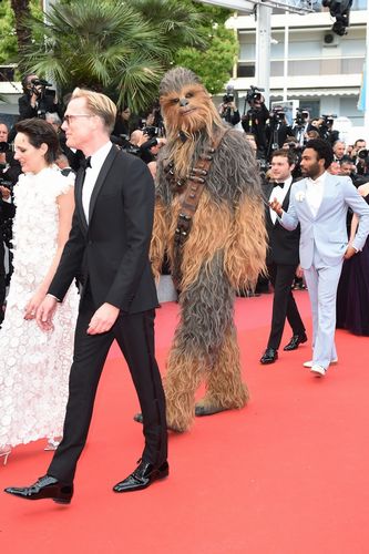 CANNES, FRANCE - MAY 15: Actress Phoebe Waller-Bridge, actor Paul Bettany, Chewbacca, actors Donald Glover and Alden Ehrenreich attend the European Premiere of 'Solo: A Star Wars Story' at Palais des Festivals on May 15, 2018 in Cannes, France. (Photo by Antony Jones/Getty Images for Disney) *** Local Caption *** Phoebe Waller-Bridge;Paul Bettany;Chewbacca;Donald Glover;Alden Ehrenreich