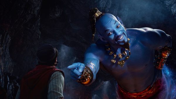 Aladdin (Mena Massoud) meets the larger-than-life blue Genie (Will Smith) in Disneyâ€™s live-action adaptation ALADDIN, directed by Guy Ritchie.