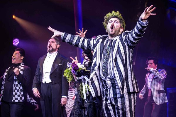NEW YORK, NEW YORK - APRIL 25: Alex Brightman performs onstage as 'Beetlejuice' during 'Beetlejuice' broadway opening night at Winter Garden Theatre on April 25, 2019 in New York City. (Photo by Santiago Felipe/Getty Images)