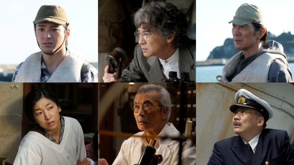 『ゴジラ-0.0』解禁キャストビジュアル（左上から時計回りに、山田裕貴、吉岡秀隆、佐々木蔵之介、田中美央、田中泯、安藤サクラ）